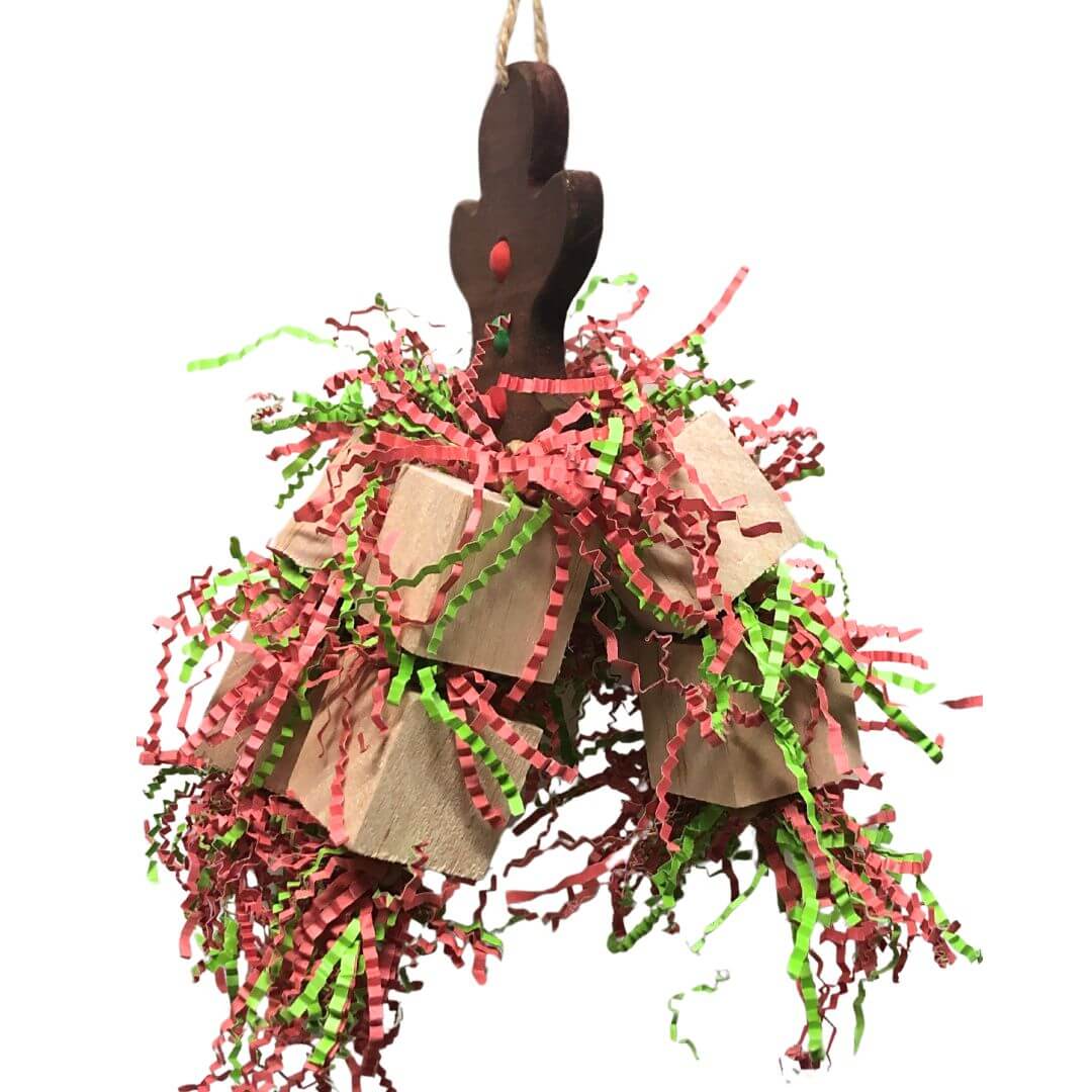 Balsa bird toy with christmas colors and a pinewood gingerbread man as a base.