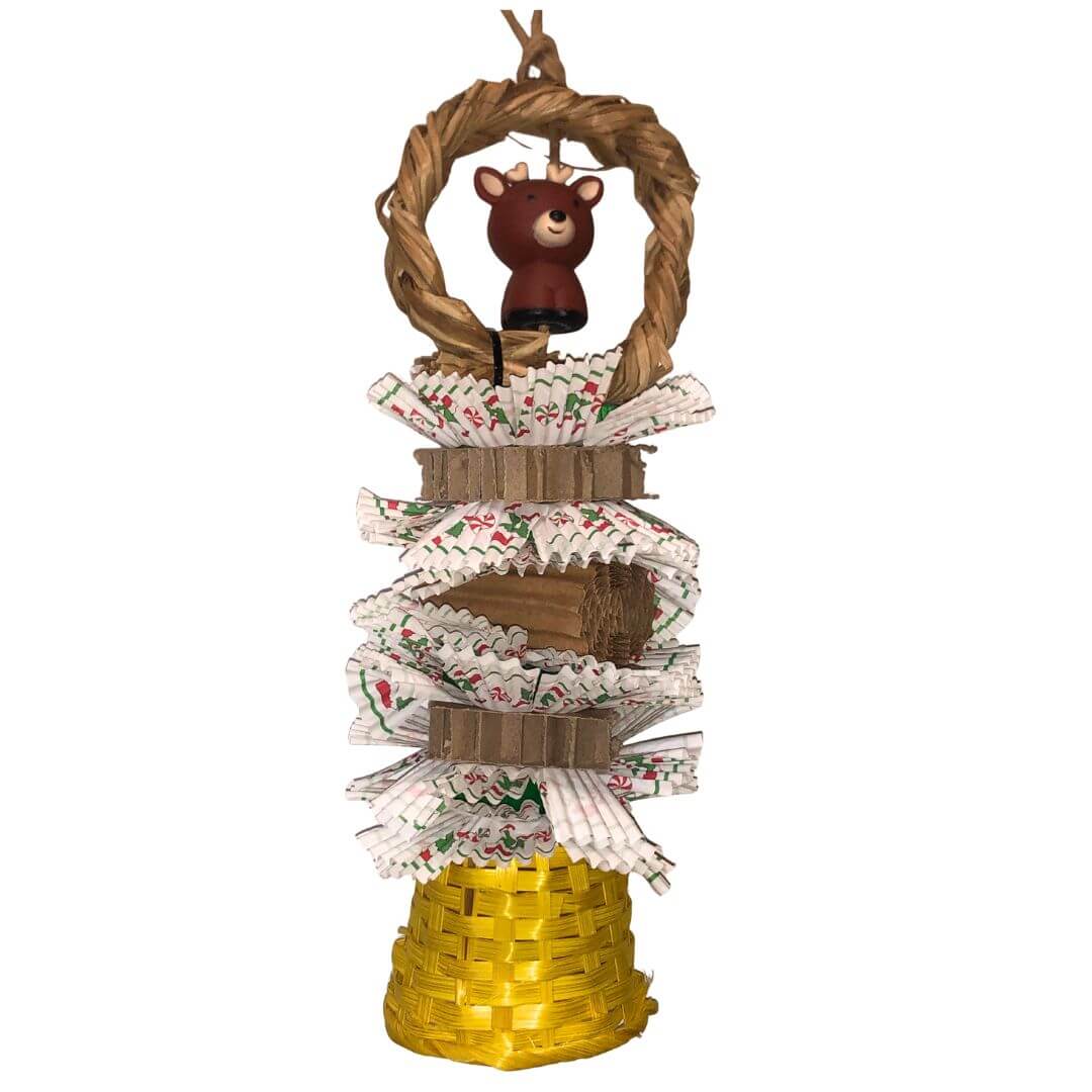 a bird toy with basket, pinewood, cardboard and lots of cupcake filters