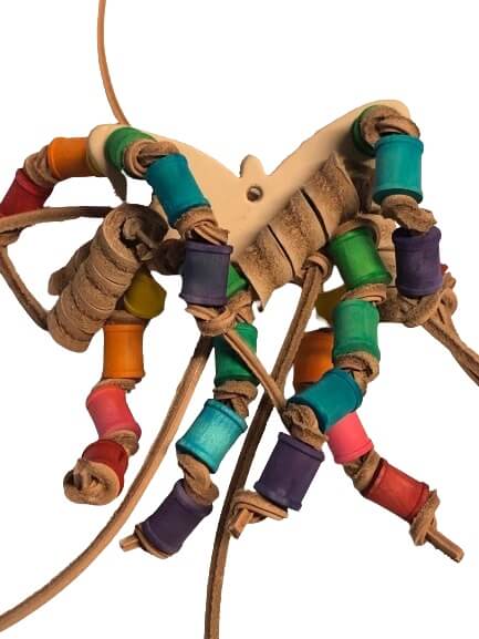 Leather beaded spool bird toy