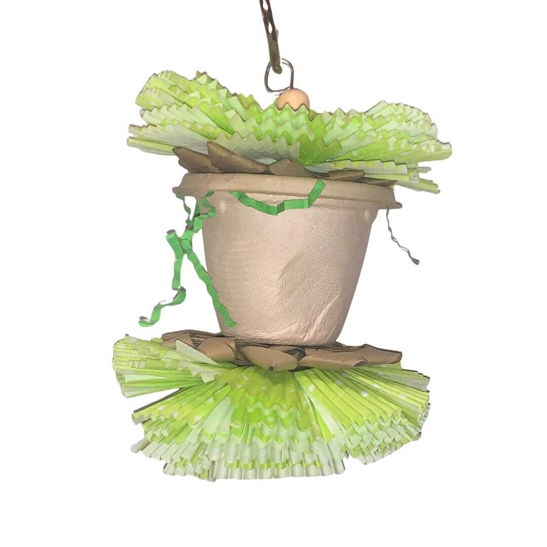 foraging cup bird toy with palm flowers and cupcake liners.