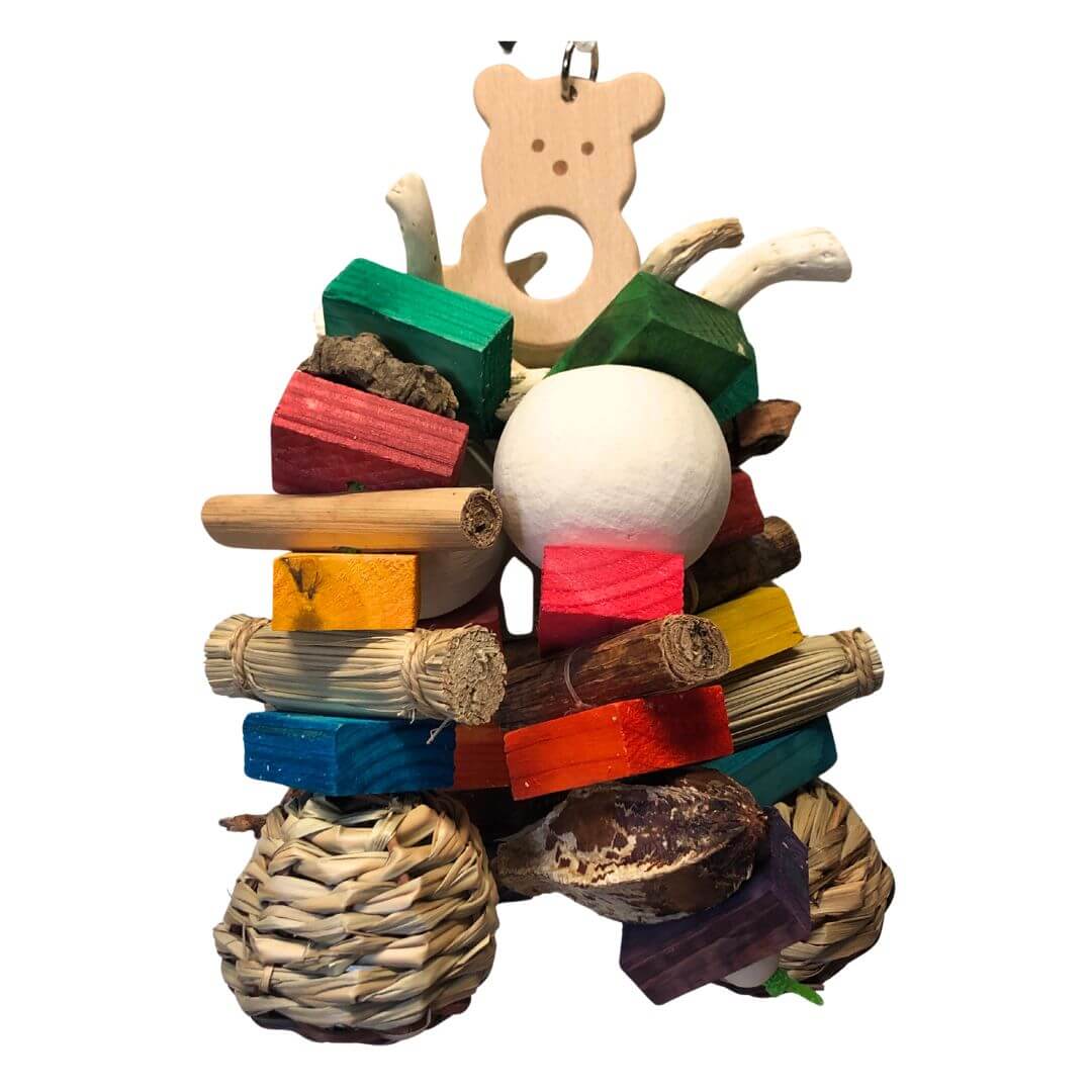 Bear with lots of natural items and pinewood