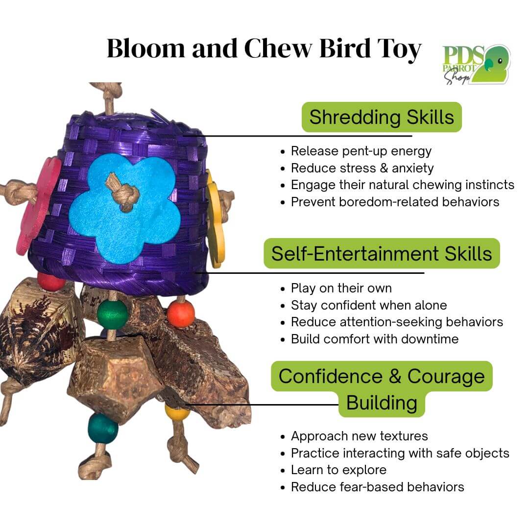 Bird toy with text highlighting benefits on a white background