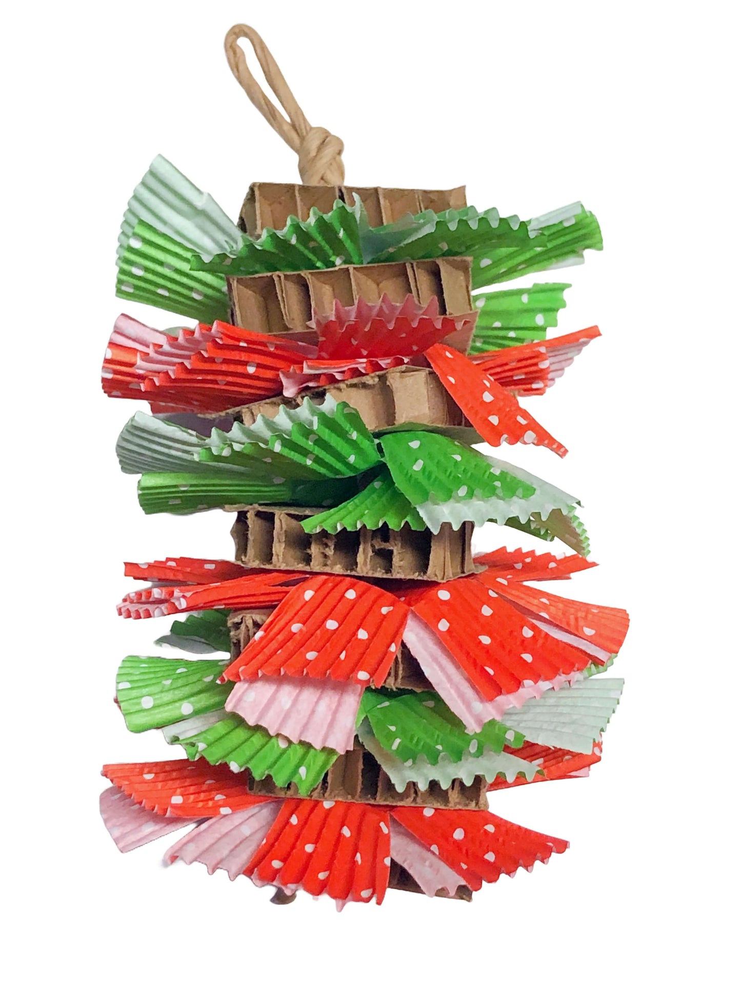 Colorful paper cupcake stand with red, green, and red designs on a white background.