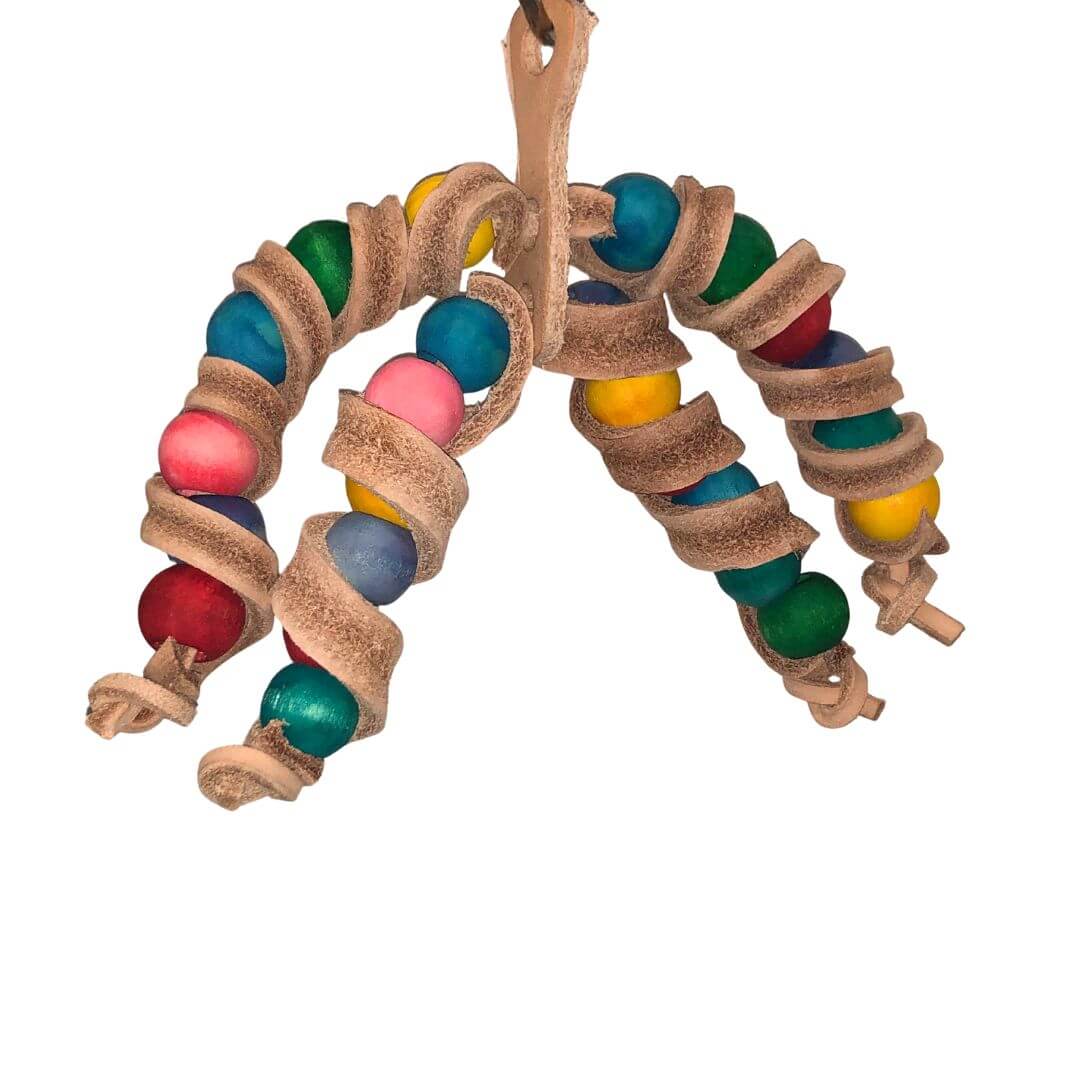 Leather bird toy with twist and rainbow beads