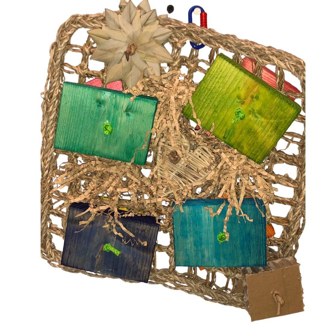 foraging bird toy with seagrass mat and pinewood