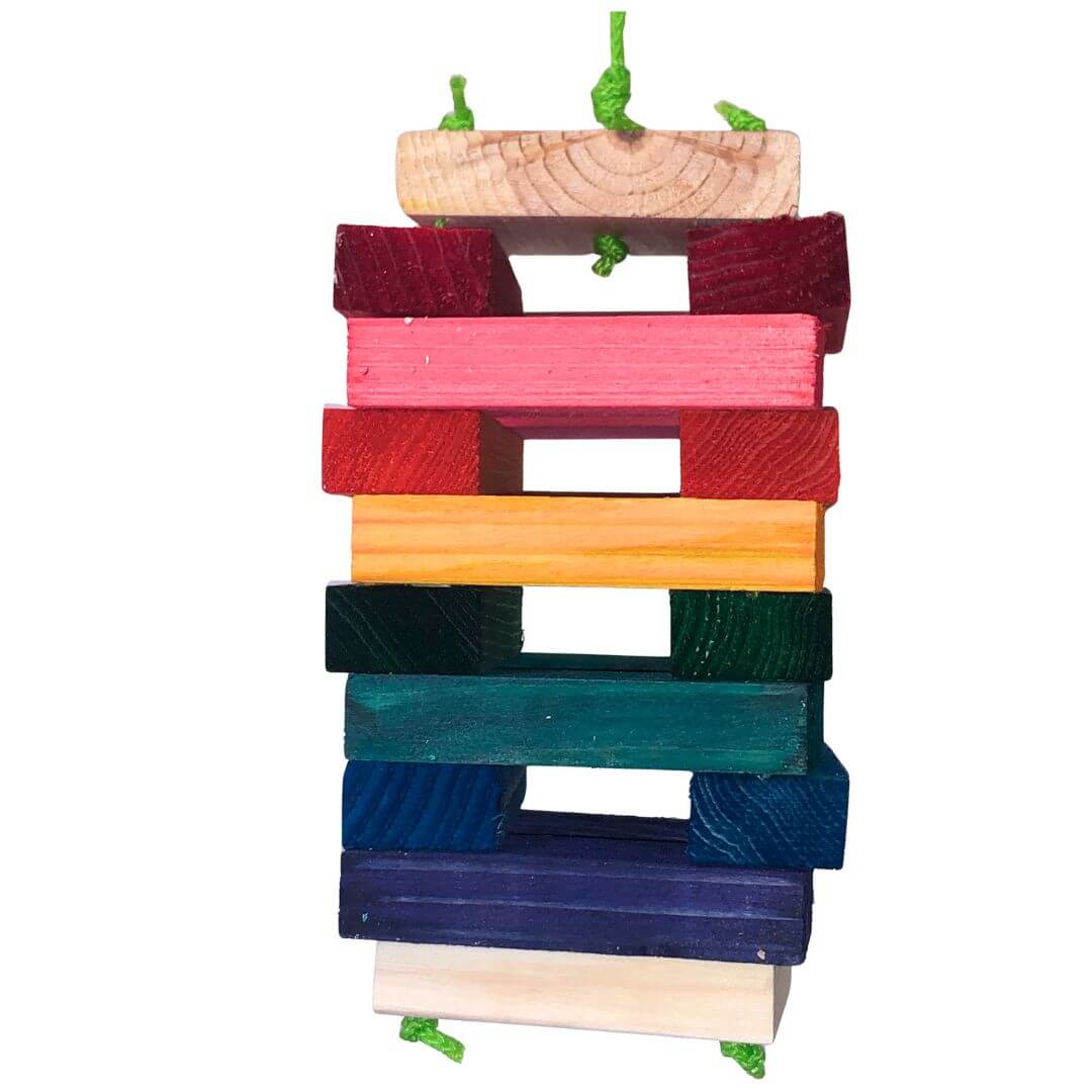 Colorful wooden bird toy stack with a white background