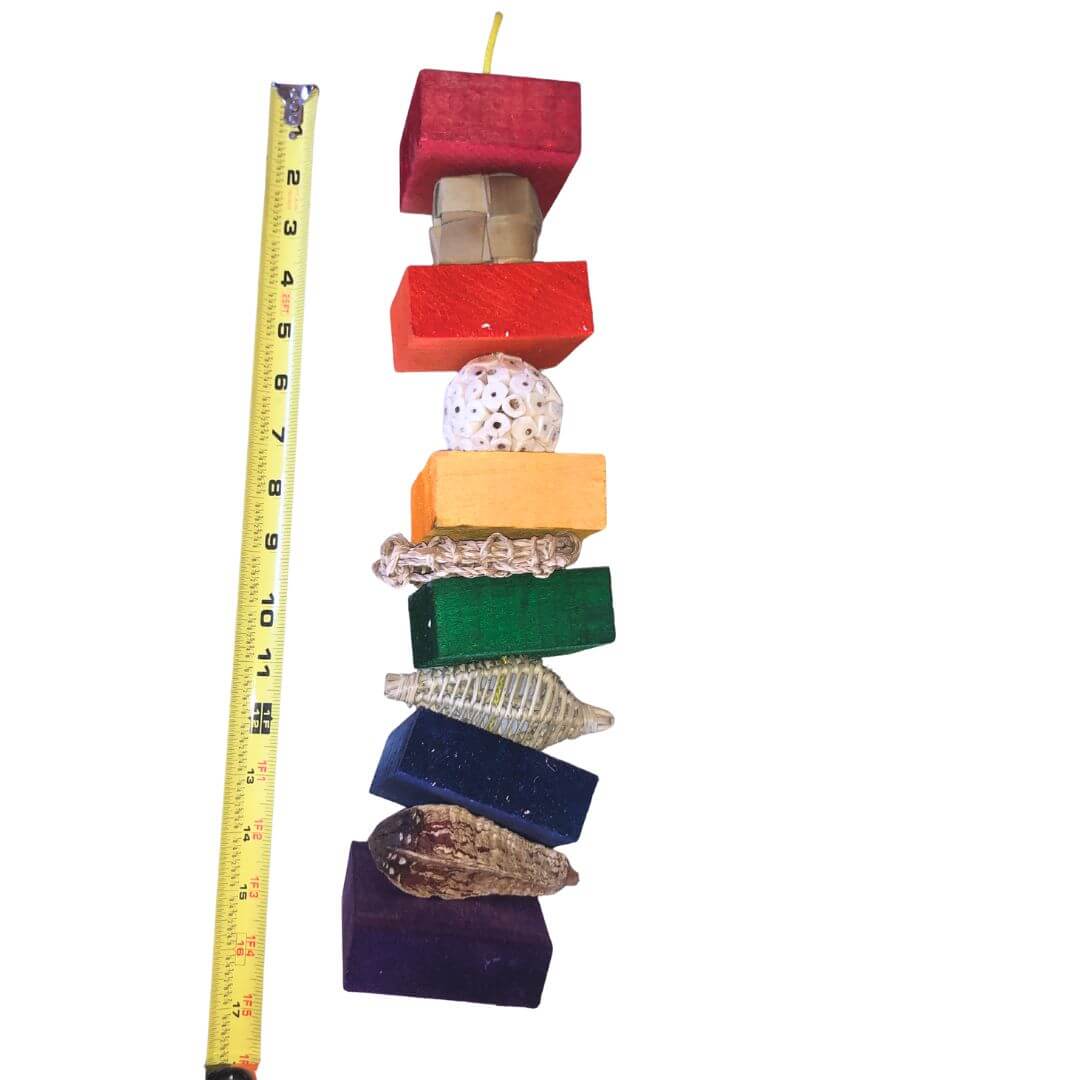 Colorful balsa bird toy with various natural bird times and a measuring tape for scale on a white background
