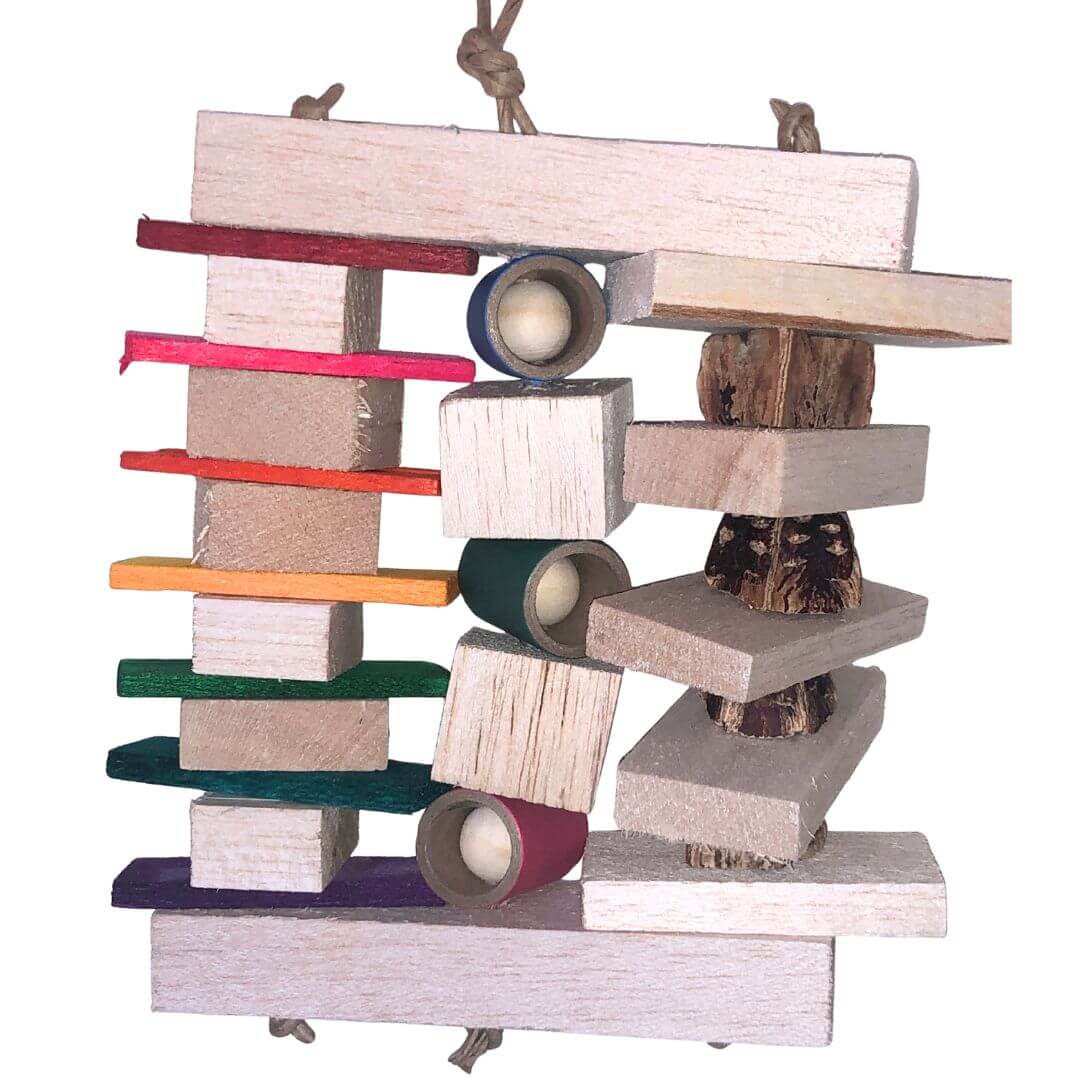 balsa bird toy with different textures and sizes of blocks