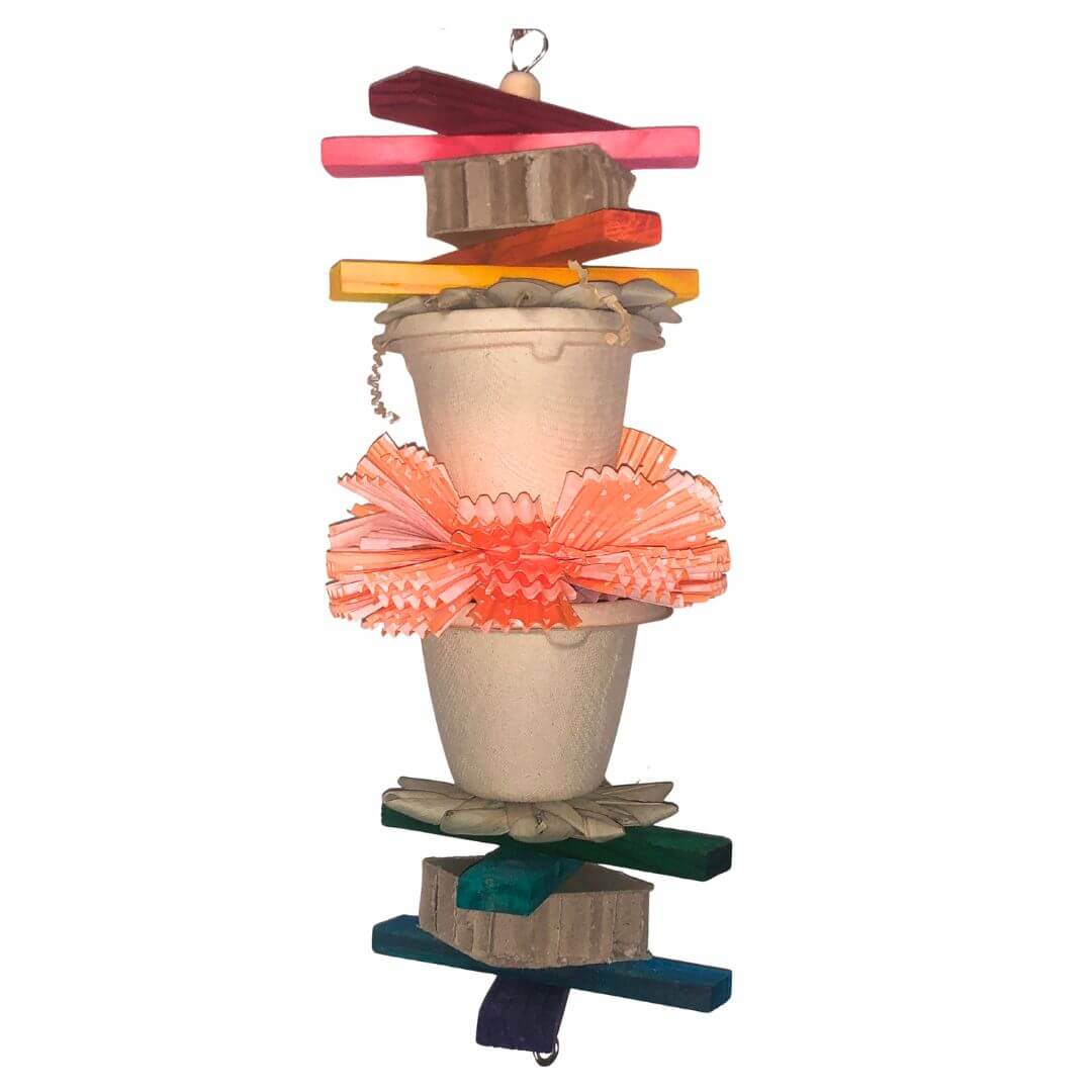 foraging bird toy with pinewood and other textures.