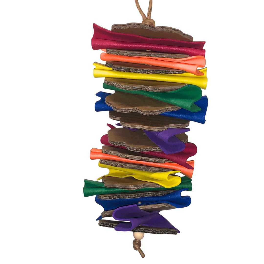 Bird Toy with Colorful bird toy with cardboard shapes, and foam