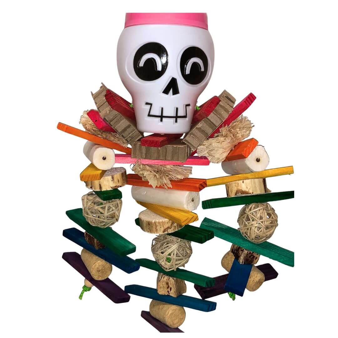 Bird toy with a skull design on top, featuring colorful wooden bars and natural materials.