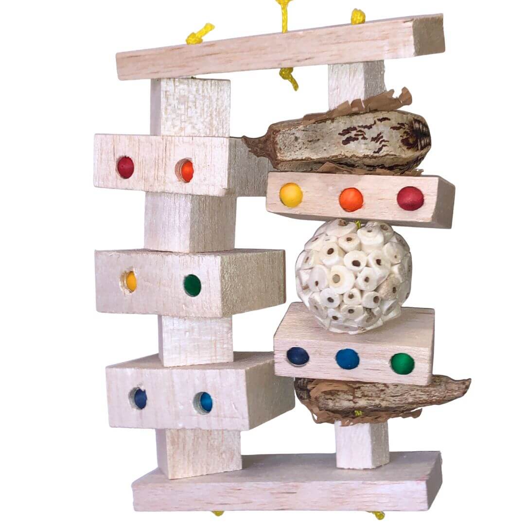 balsa bird toy with wood beads on a white background