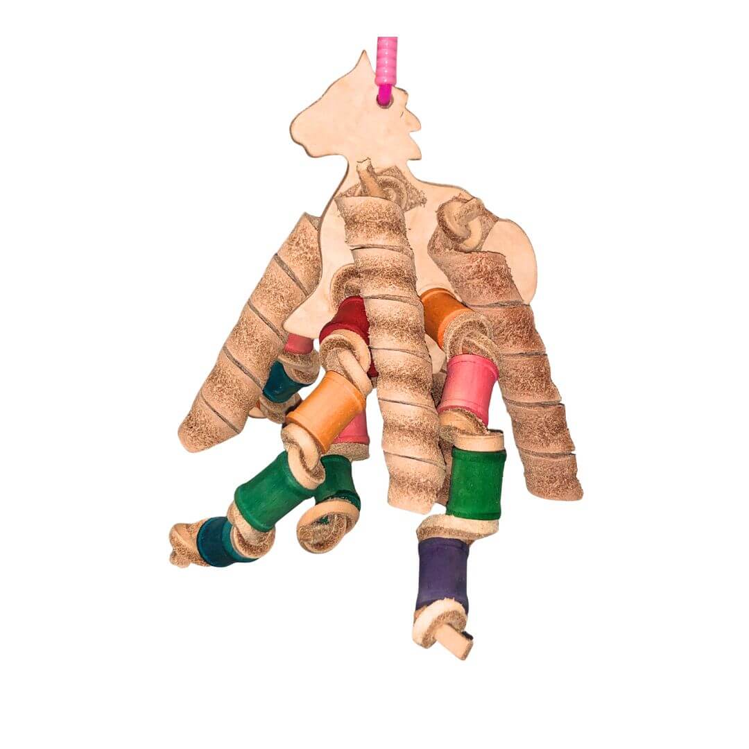 Leather bird toy with spools and leather twists