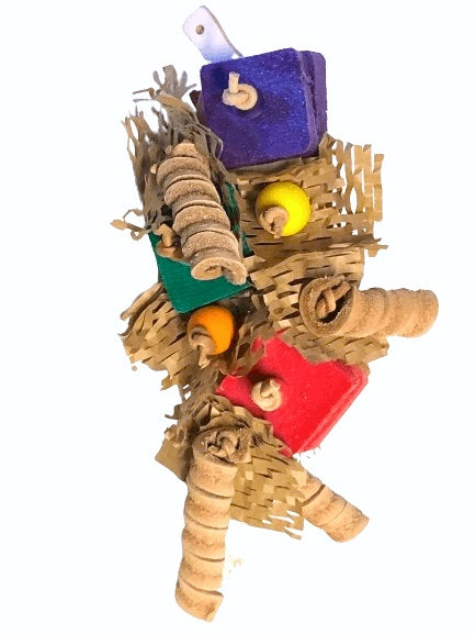 Leather bird toy with leather feather base, pine wood blocks , wood beads and twisted leather.