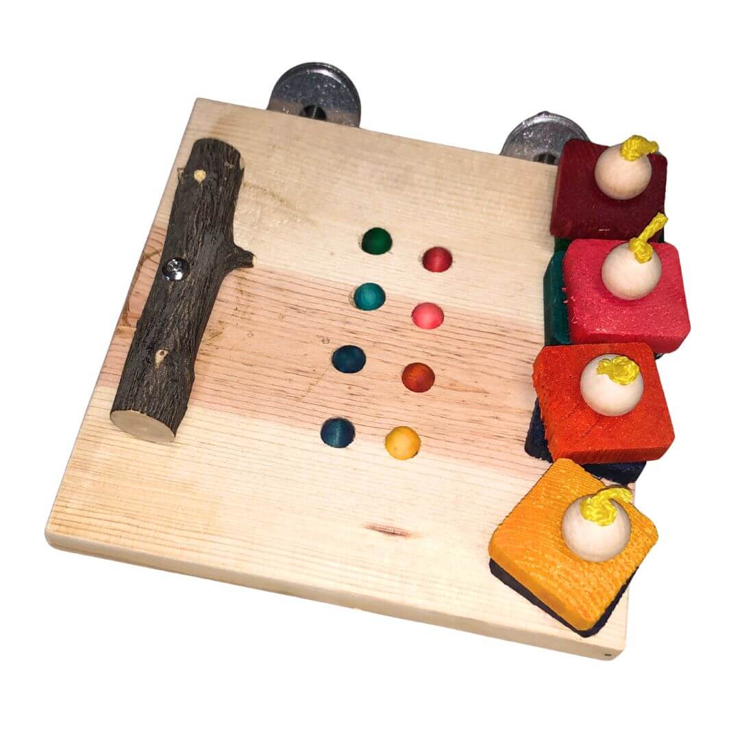 Wooden toy with colorful beads and blocks on a white background