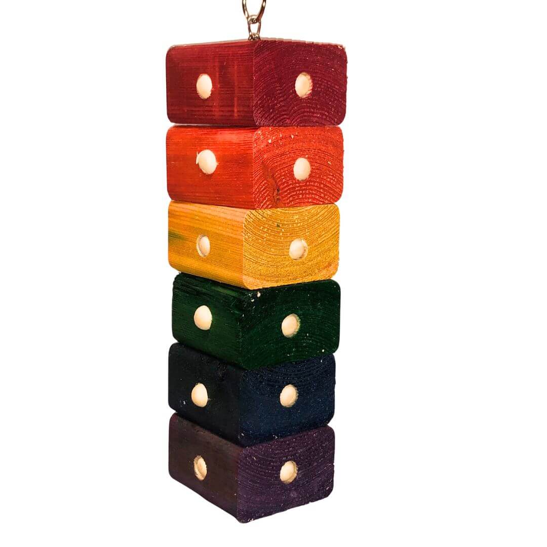 Bird Toys with stack of colorful wooden blocks with wood beads embedded in the wood blocks