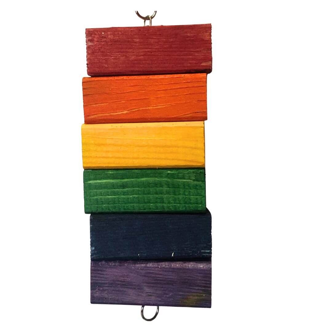 Color swatch with red, orange, yellow, green, and purple horizontal stripes on a white background.