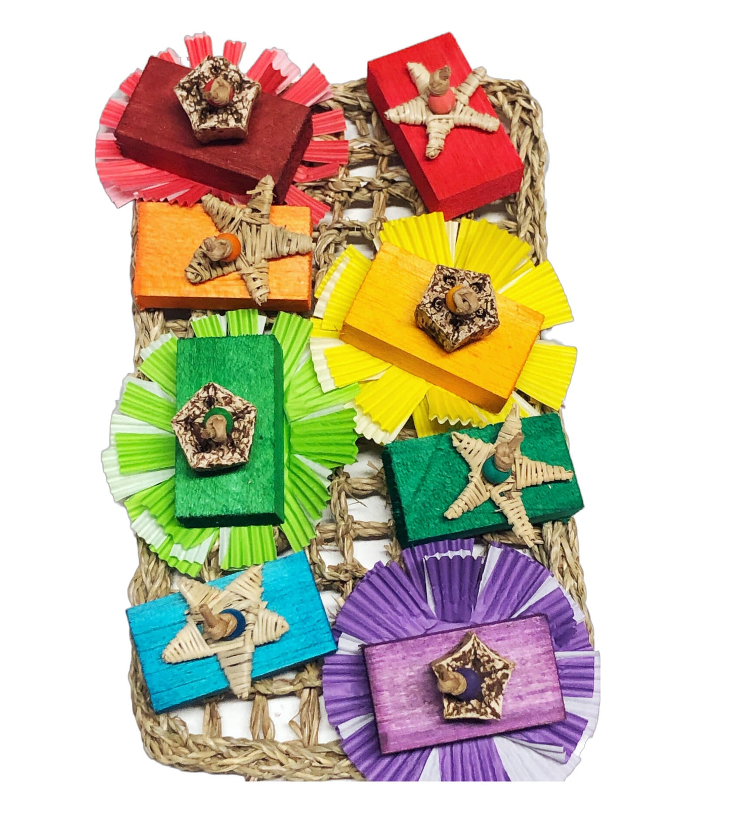 large seagrass mat with balsa blocks and other fun natural bird items