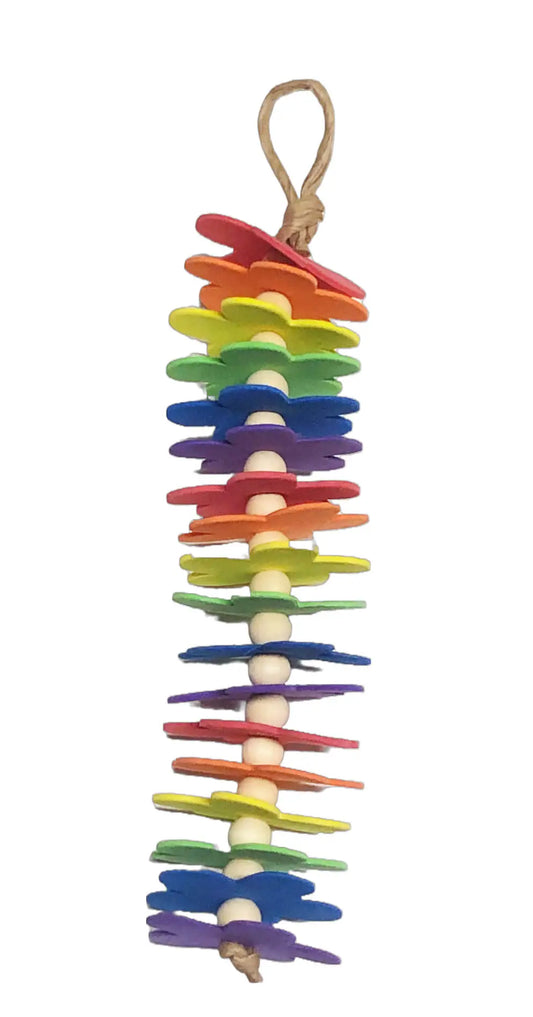 parrot toy with a string of foam flowers and wood beads