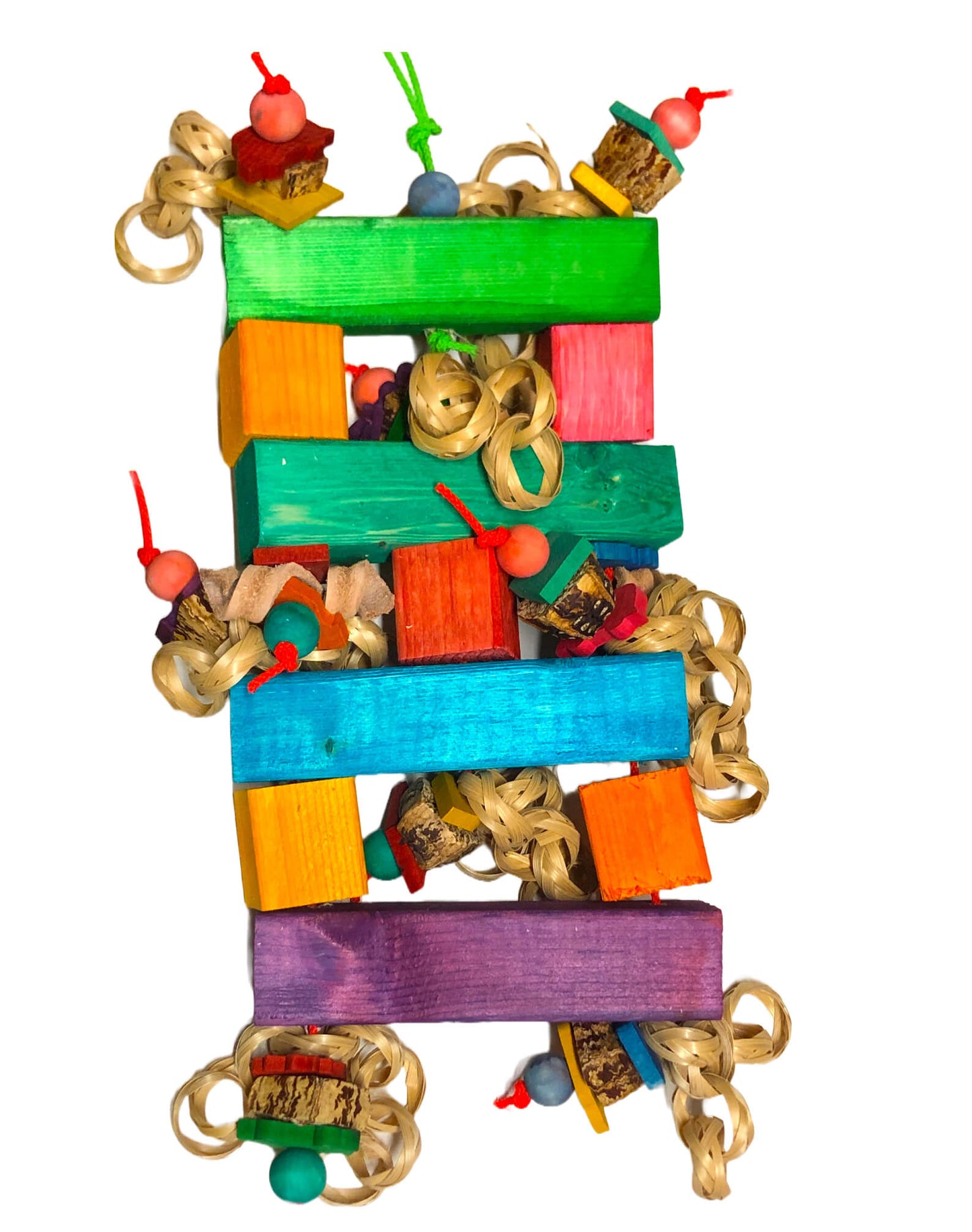 A colorful wooden bird toy consisting of multiple blocks and shapes arranged in an intricate pattern, attached with a poly rope for hanging.