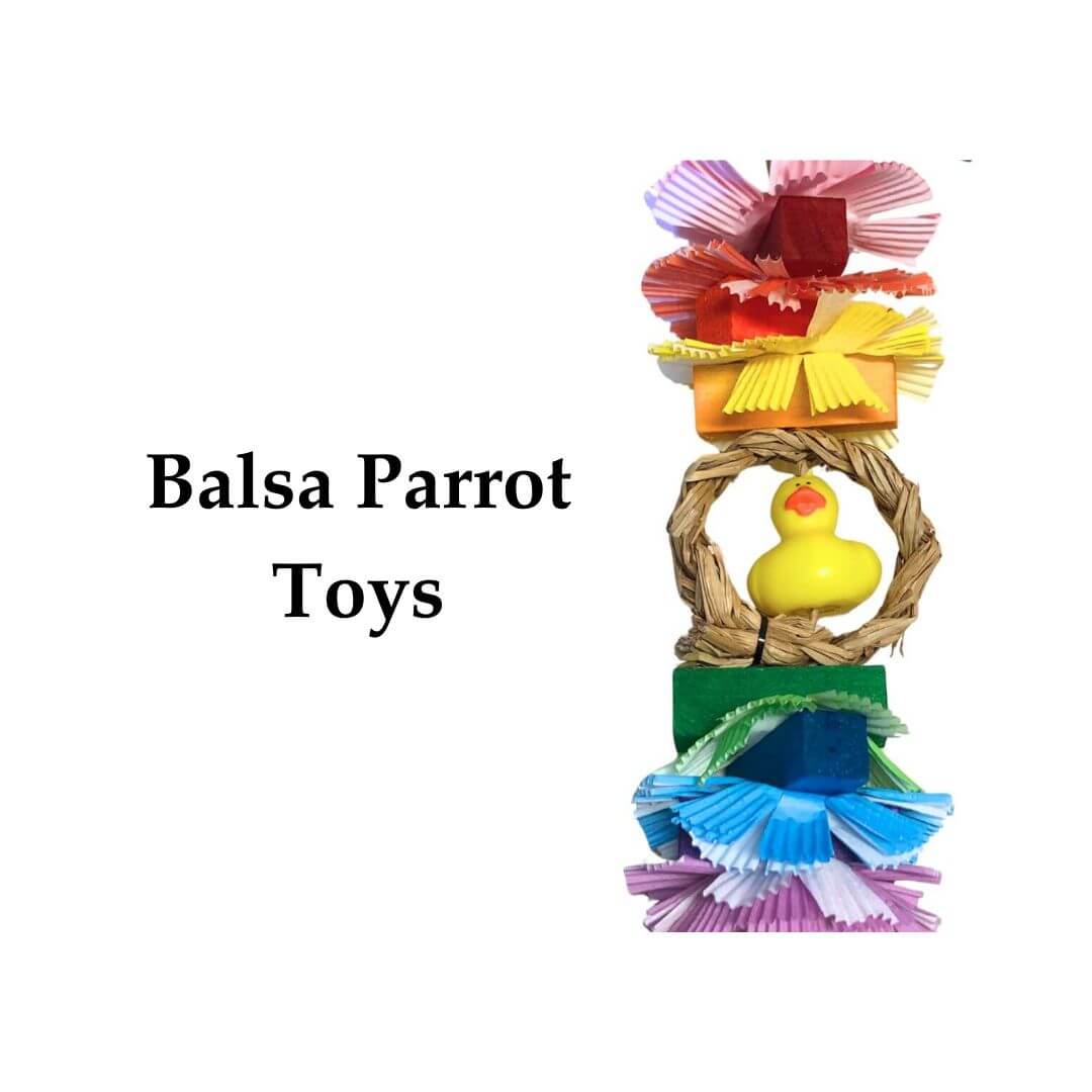 balsa parrot toys text with balsa Bird toy on the side. 