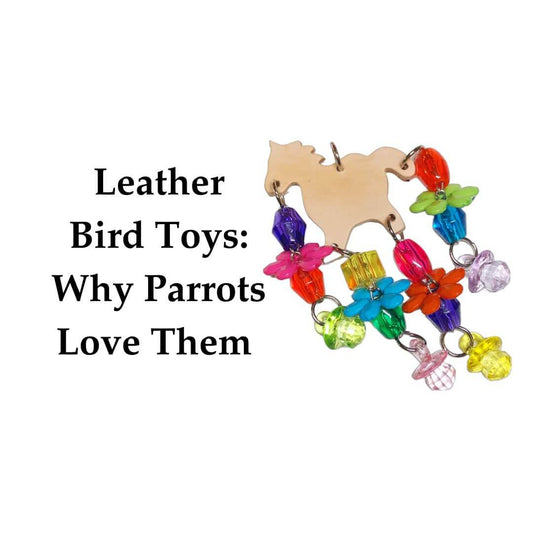 leather bird toy with text over white background 