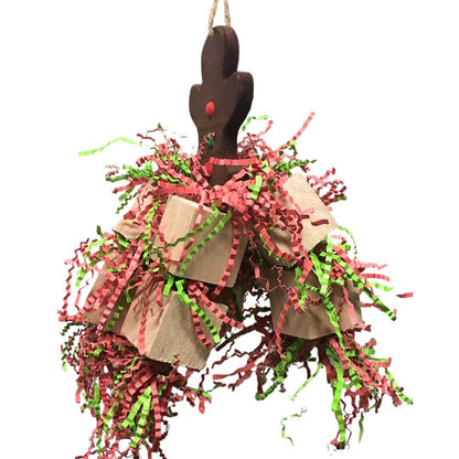 Balsa bird toy with christmas colors and a pinewood gingerbread man as a base.