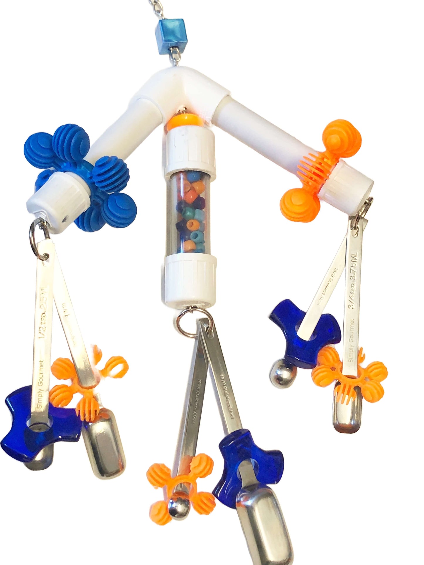 pvc bird bird toy with blue and orange charms, beads