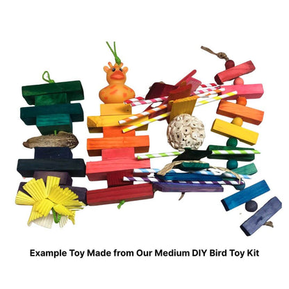 Colorful bird toy made from a DIY kit on a white background