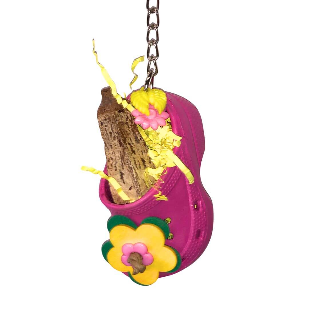 foraging bird toy with shoe and shredding