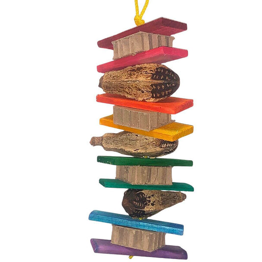 pinewood bird toy with cardboard and pods. 
