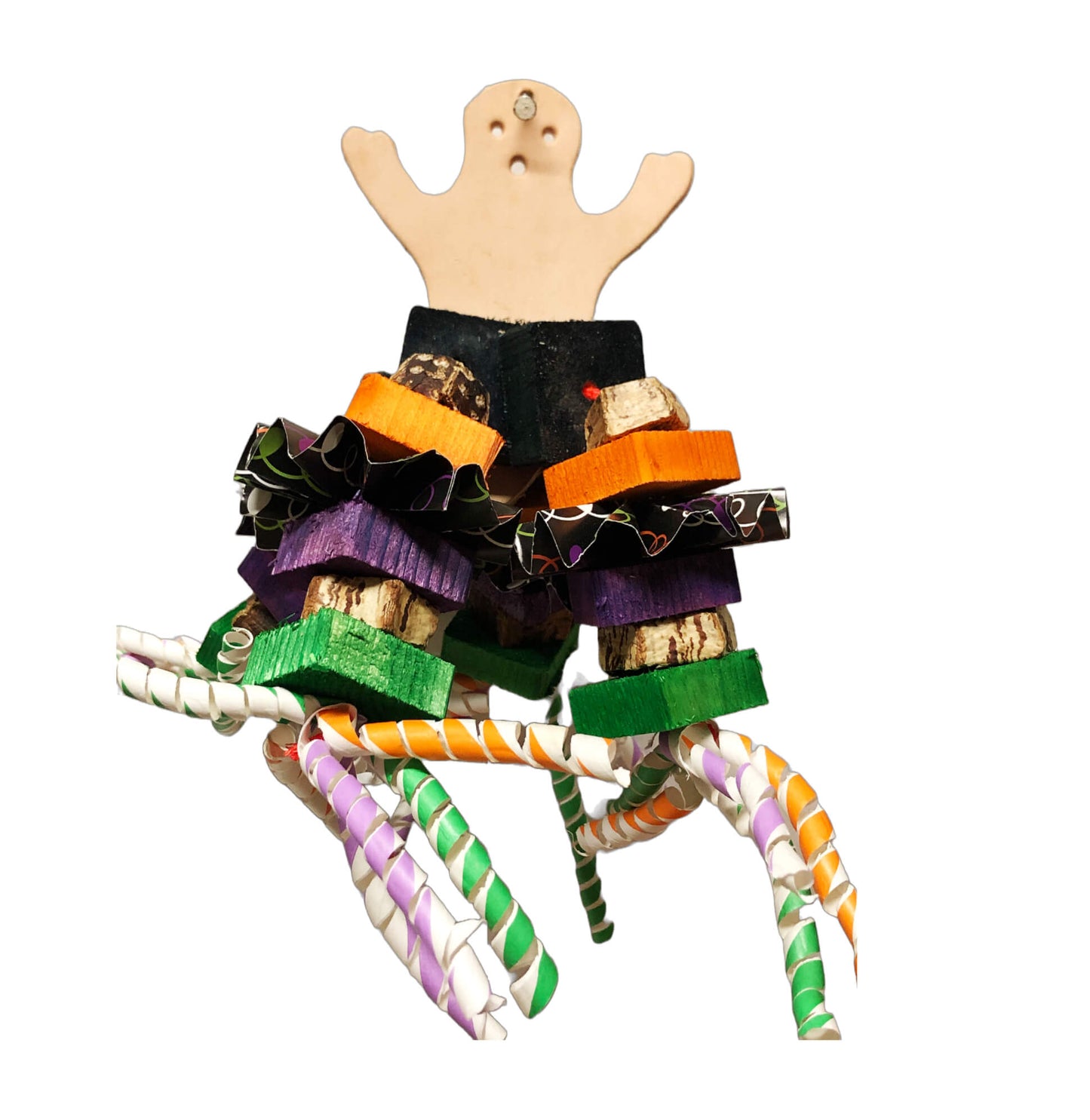 halloween bird toy with leather ghost, pinewood and pods and paper pinwheels in a halloween theme