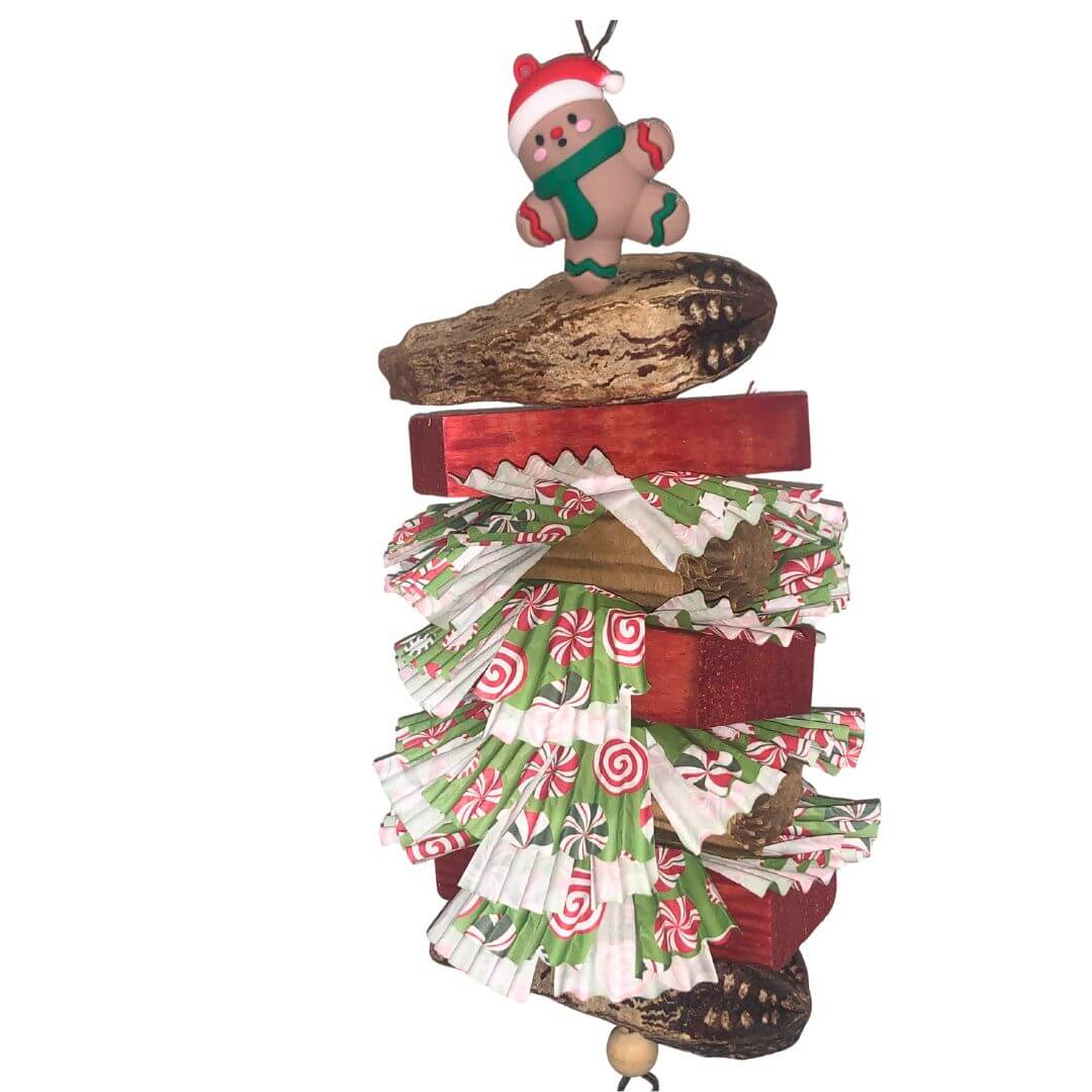 bird toy with pinewood, cardboard and pods