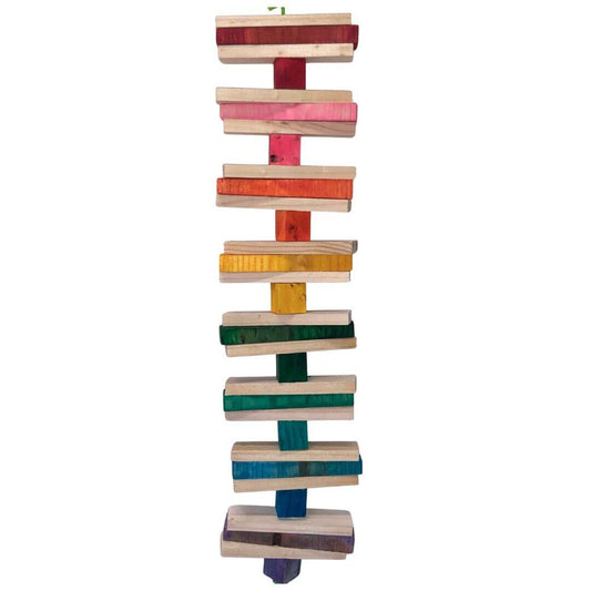 Colorful wooden toy with stacked blocks on a white background