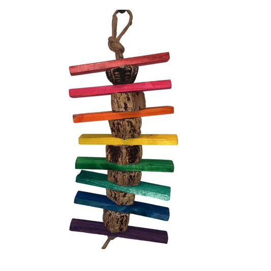 Pine wood bird toy with pods. 