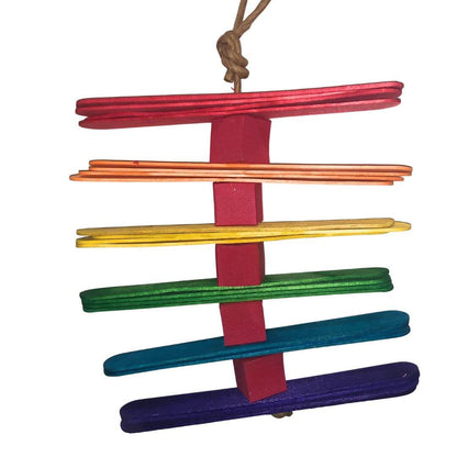 Colorful popscile  bird toy with red, orange, yellow, green, and blue bars on a white background