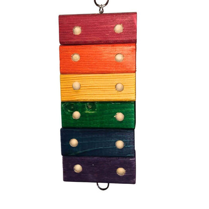 Bird Toys with stack of colorful wooden blocks with wood beads embedded in the wood blocks
