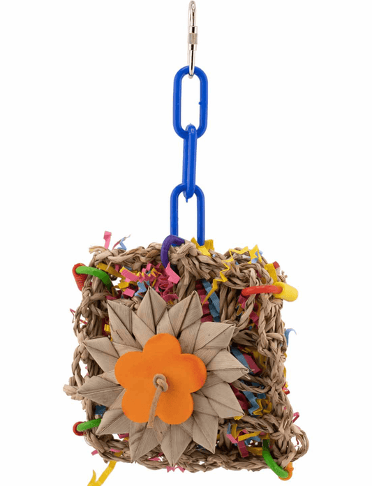 Bird toy with straw base, colorful links, and orange flower on a white background