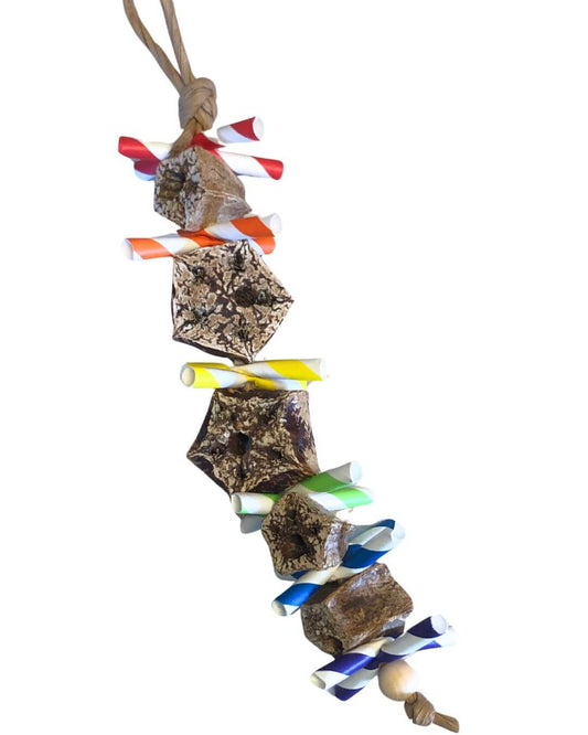 bird toy with pods and paper straws