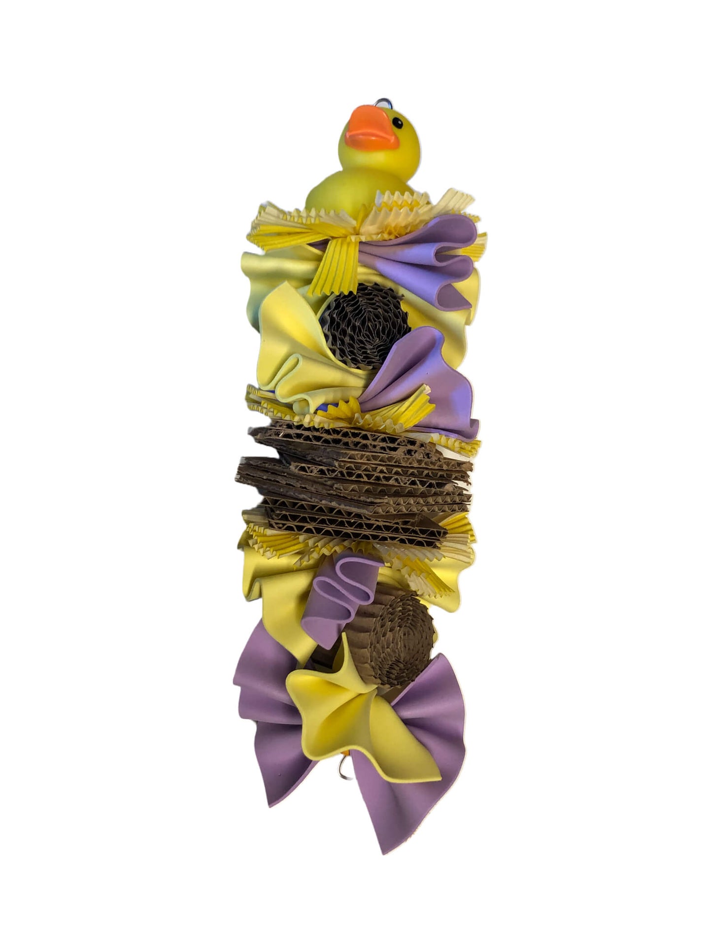 shreddable bird toy with yellow and purple