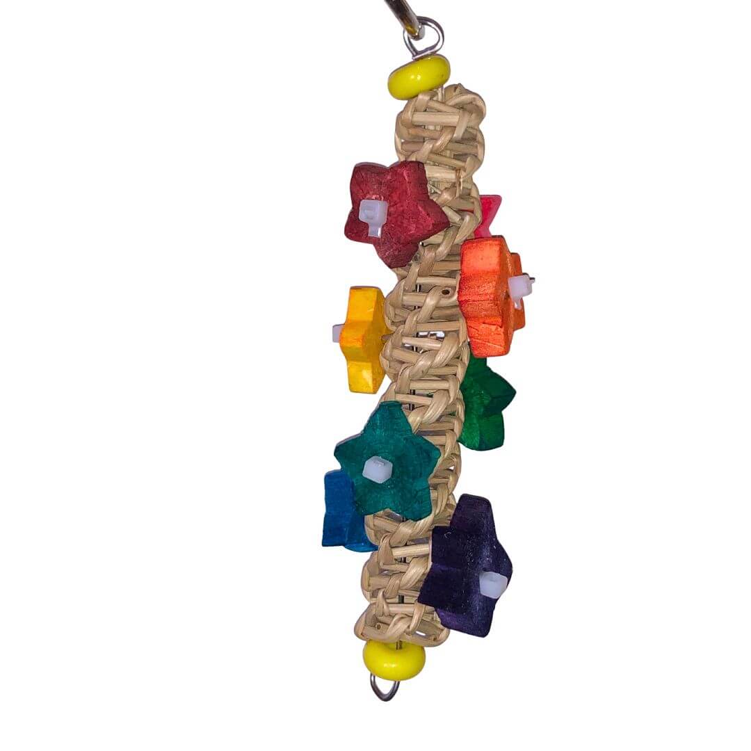 small bird toy with sola stars on a vine twist
