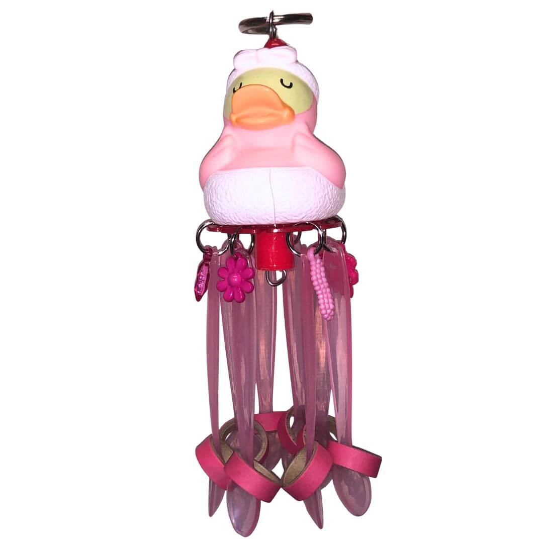 Pink duck with spoons, charms and birdie bagels
