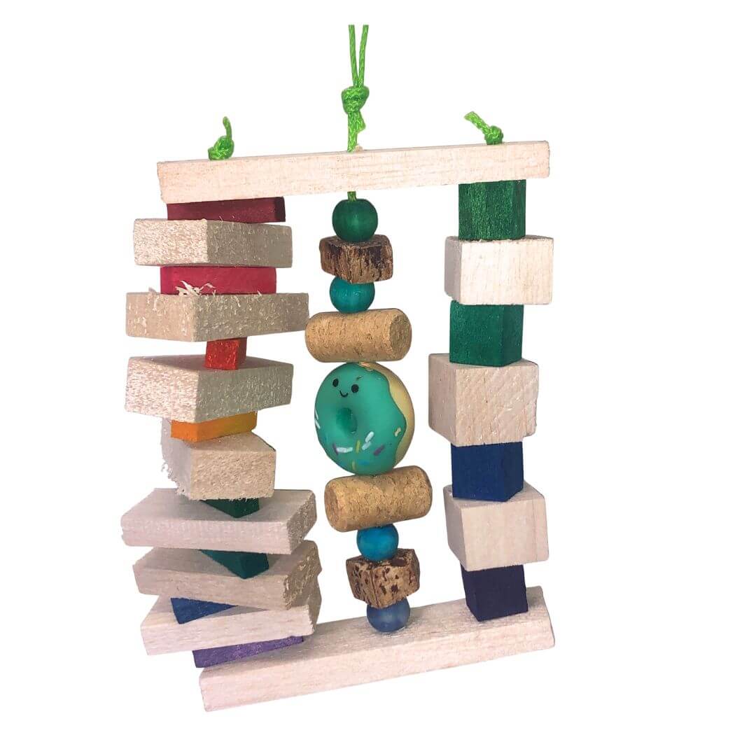 Colorful Balsa bird toy with various shapes and sizes on a white background