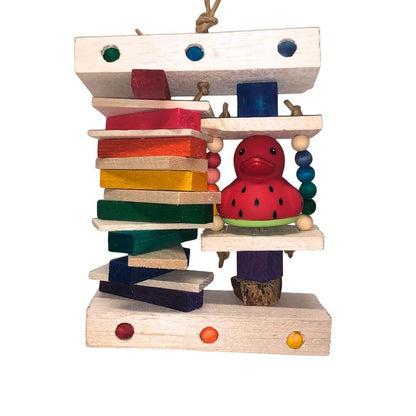 balsa bird  toy with a colorful duck figure on top against a white background