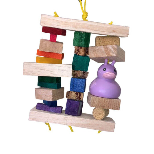 balsa bird toy with a purple duck figure on a white background