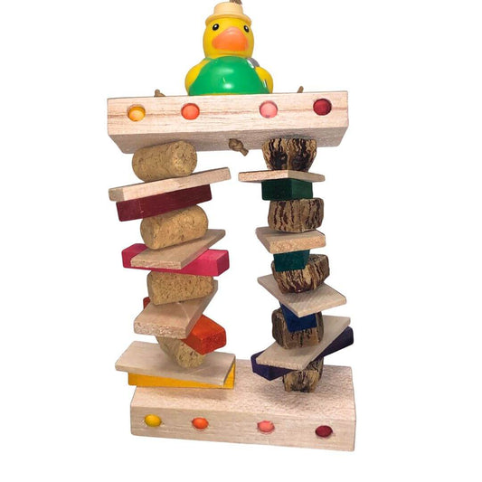 balsa bird  toy with a colorful duck figure on top against a white background