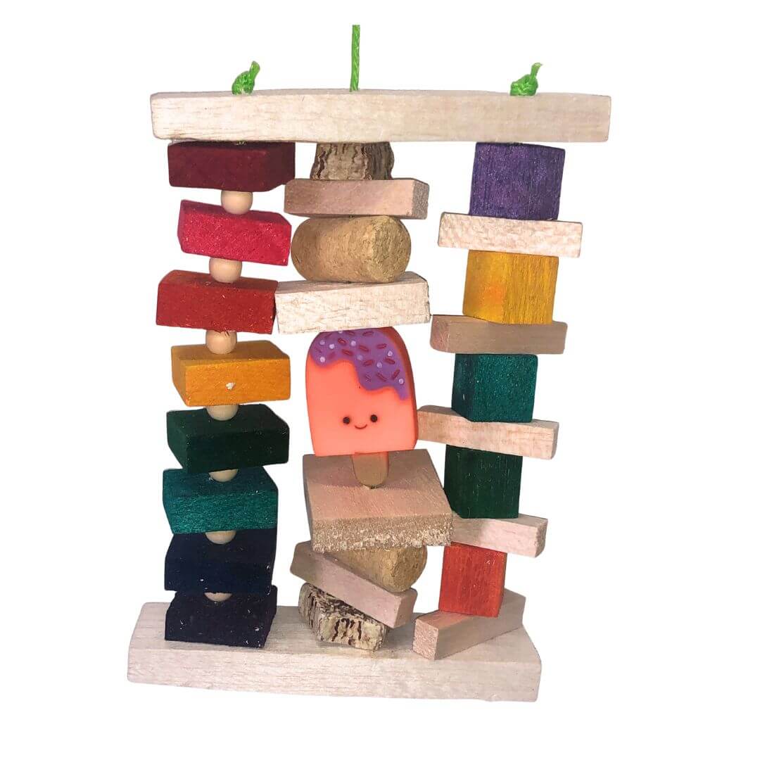 Colorful wooden toy with stacked blocks on a white background