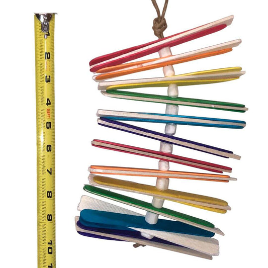 balsa bird toy with popsicle sticks and sola beads. 