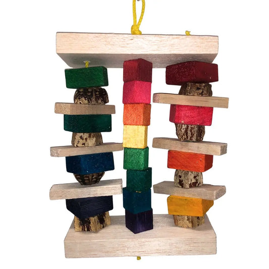 balsa bird toy with three columns of ballsa. 