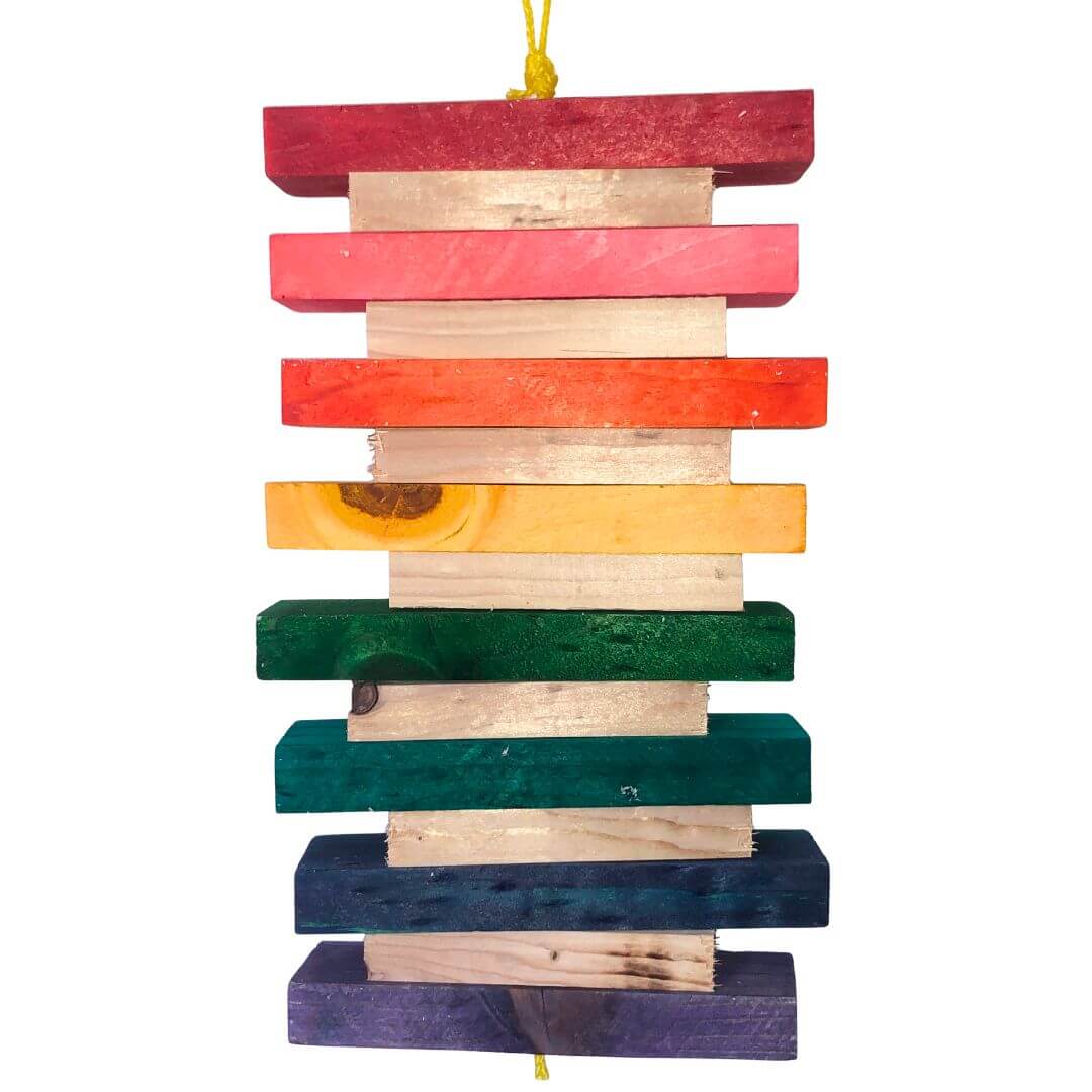 bird toy, Colorful wooden hanging toy with rainbow pattern on a white background